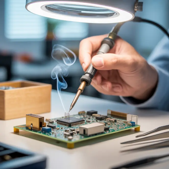 Electronics technician repairing circuit board with precision tools.